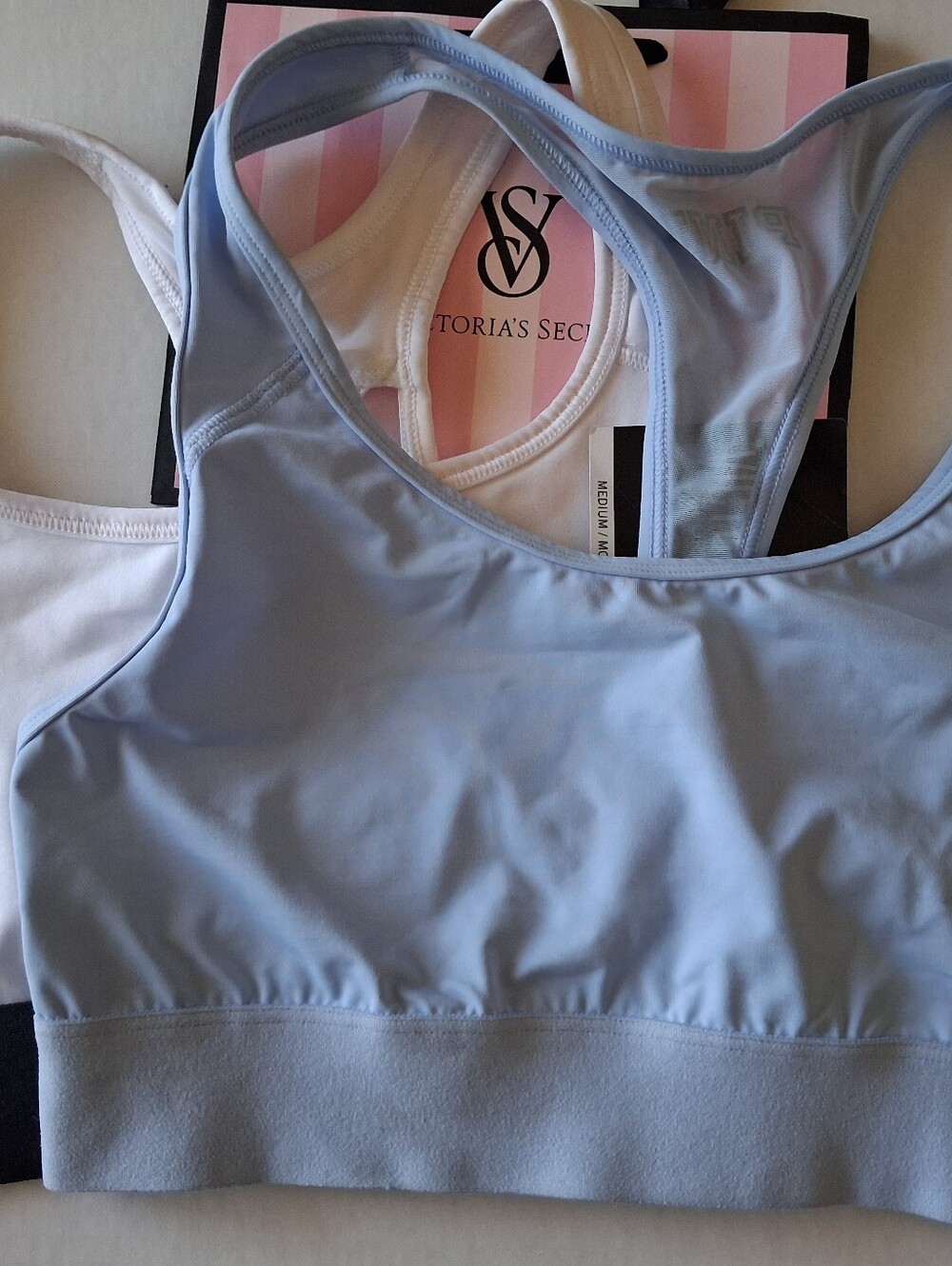 Victoria's Secret  White and pink  Light Blue  Sports Bra Duo / Size Medium